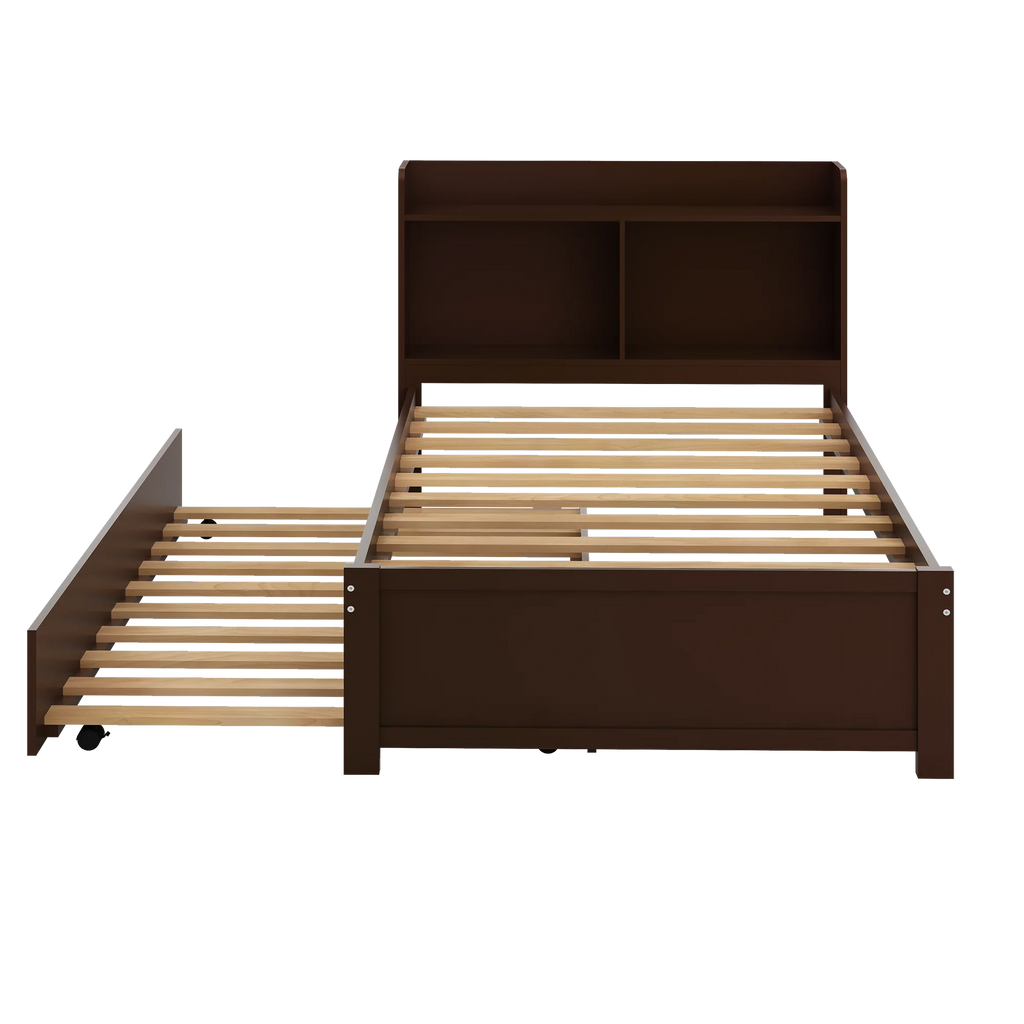 Twin Bed Frame with Trundle and Storage Bookcase, Solid Wood, Espresso Y4333
