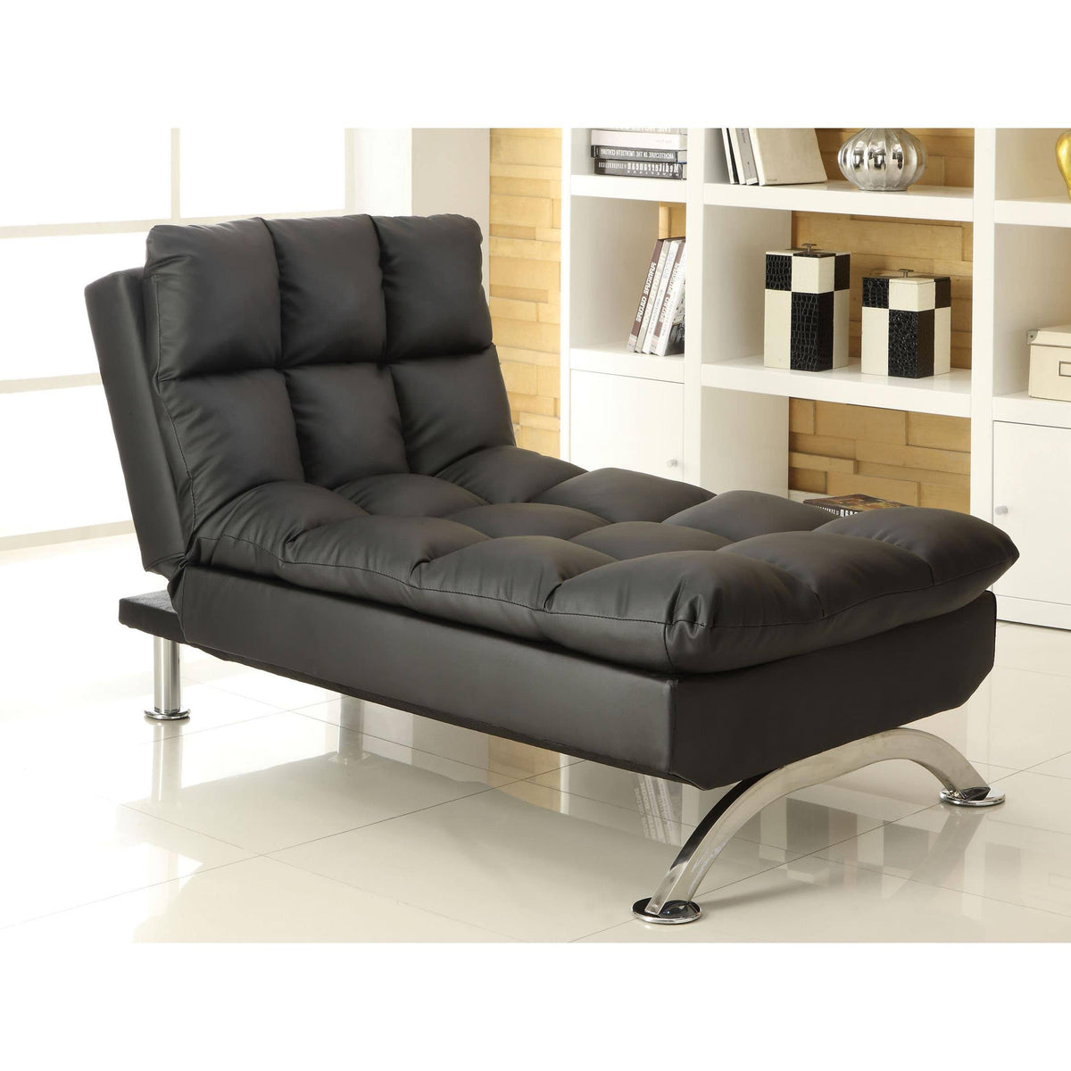 Black Faux Leather Chaise V163