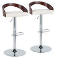 Set of 2 Adjustable Height Swivel Barstool in Chrome Metal, Cherry Wood and White Faux Leather W359505
