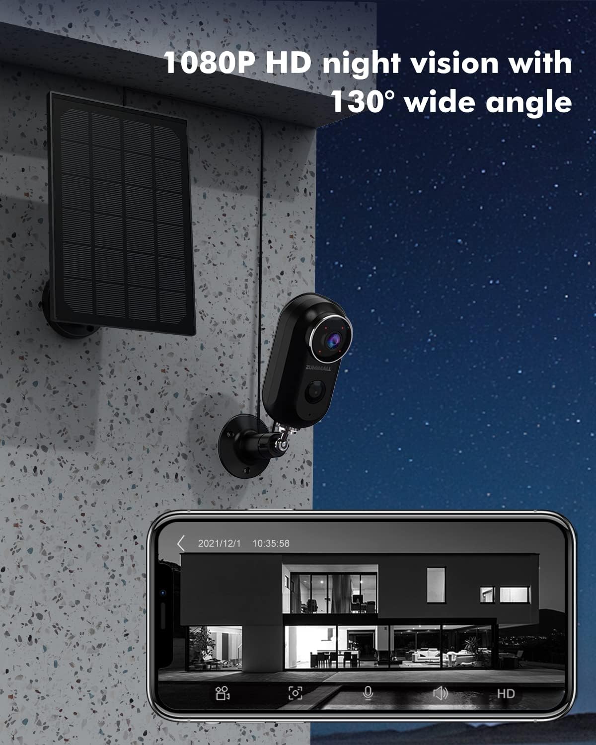 1080P HD Outdoor Security Camera with Solar Powered, Human Motion Detection, Night Vision, 2-Way Audio, IP66 Waterproof C655