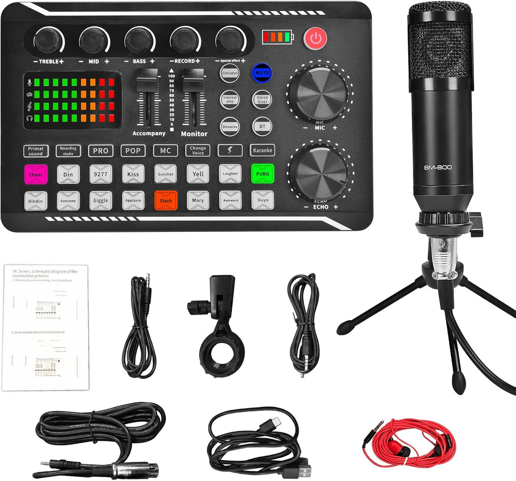 Podcast Equipment Bundle, Audio Interface with DJ Mixer and Sound Card, Cardioid Microphone, Portable Mixer Audio, Pack of 2 L58734