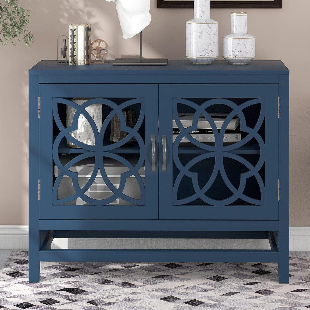 Navy Blue Wood Accent Buffet Sideboard with Doors and Adjustable Shelf B28622