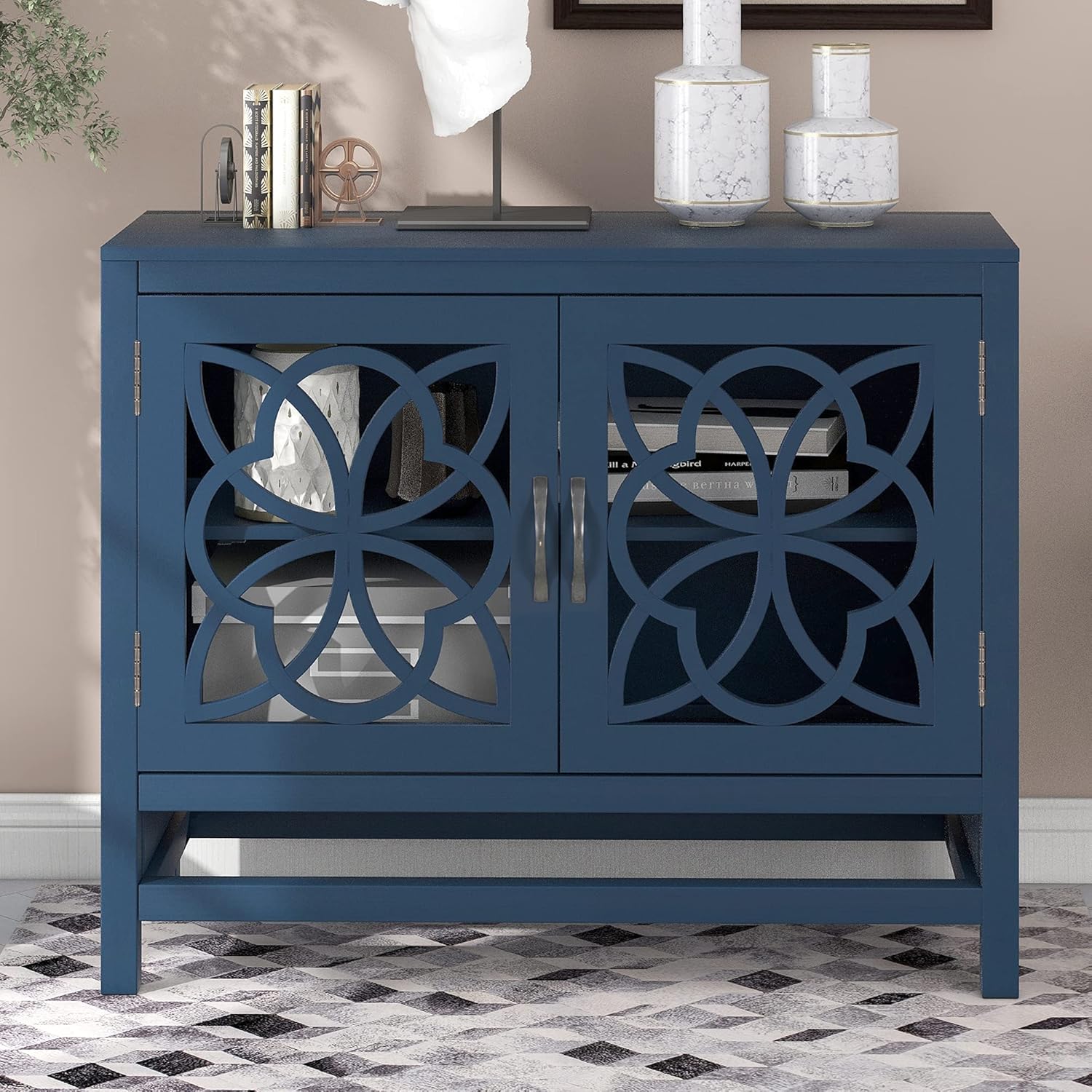 Navy Blue Wood Accent Buffet Sideboard with Doors and Adjustable Shelf B28622