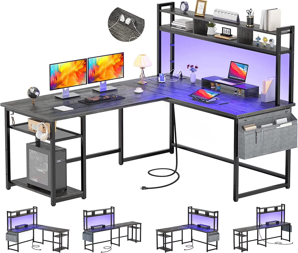 Grey Oak L Shaped Desk with Power Outlet & LED Strip L918