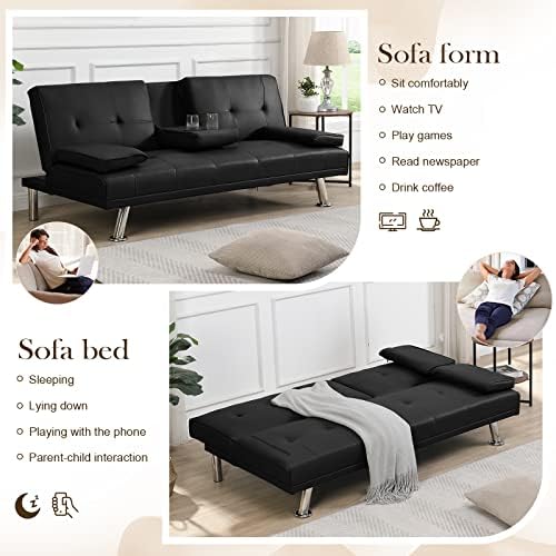 Black Leather Futon Sofa Bed with 2 Cup Holders U86522