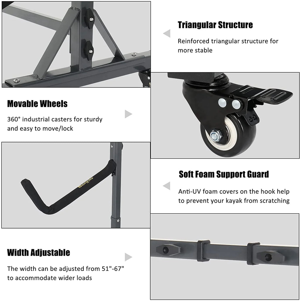 Freestanding Kayak Storage Rack with Lockable Wheels Wide Adjustable Y5385