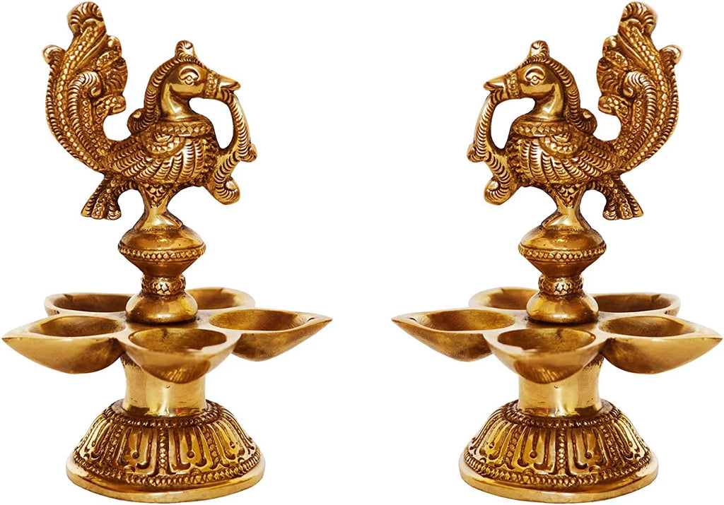 Brass Peacock Oil Lamp Pair of Five Wicks Decorative Metal Lamp (Pack of 2) Y7235