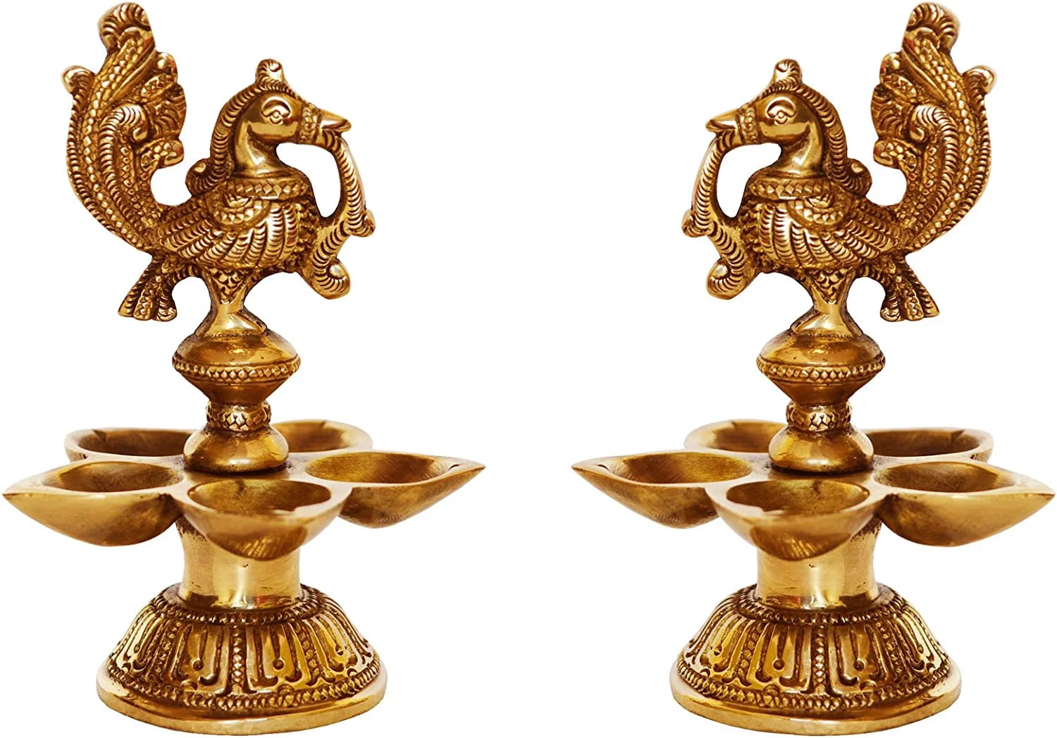 Brass Peacock Oil Lamp Pair of Five Wicks Decorative Metal Lamp (Pack of 2) Y7235