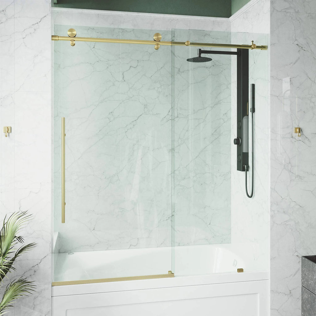 Frameless Sliding Shower Door in Matte Brushed Gold with Clear Glass M18575