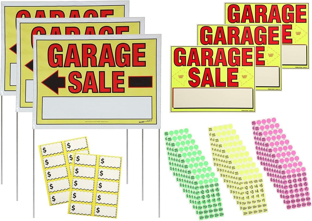 Garage Sale Sign Kit with Price Stickers and Pricing Cards E500550