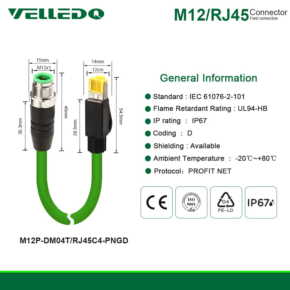M12 4-Pin D-Coding Sensor Connector to RJ45 C4 Plug Shielded Cable (15FT) K1212