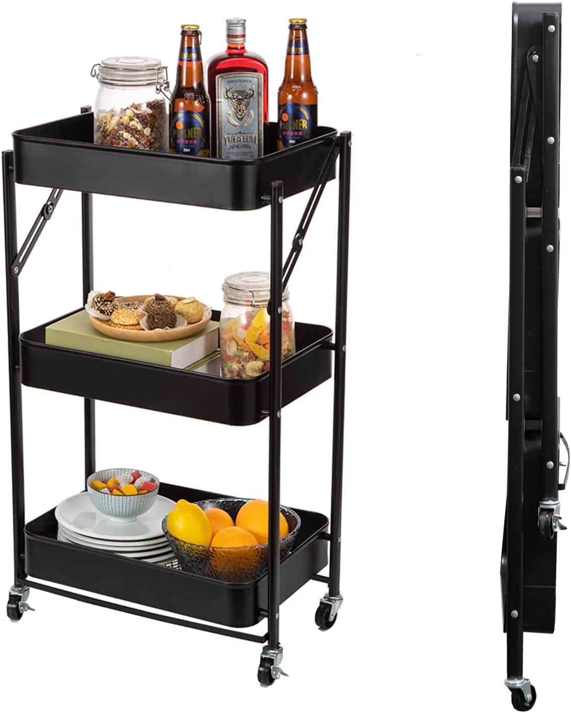 3 Tier Foldable Metal Rolling Cart with Wheels (Pink) A4488