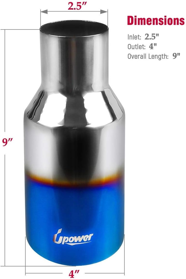 Blue Burnt Exhaust Tip 2.5" Inlet 4" Outlet 9" Long Single Wall Slant Cut 304 Stainless Steel Pack of 2 H3325