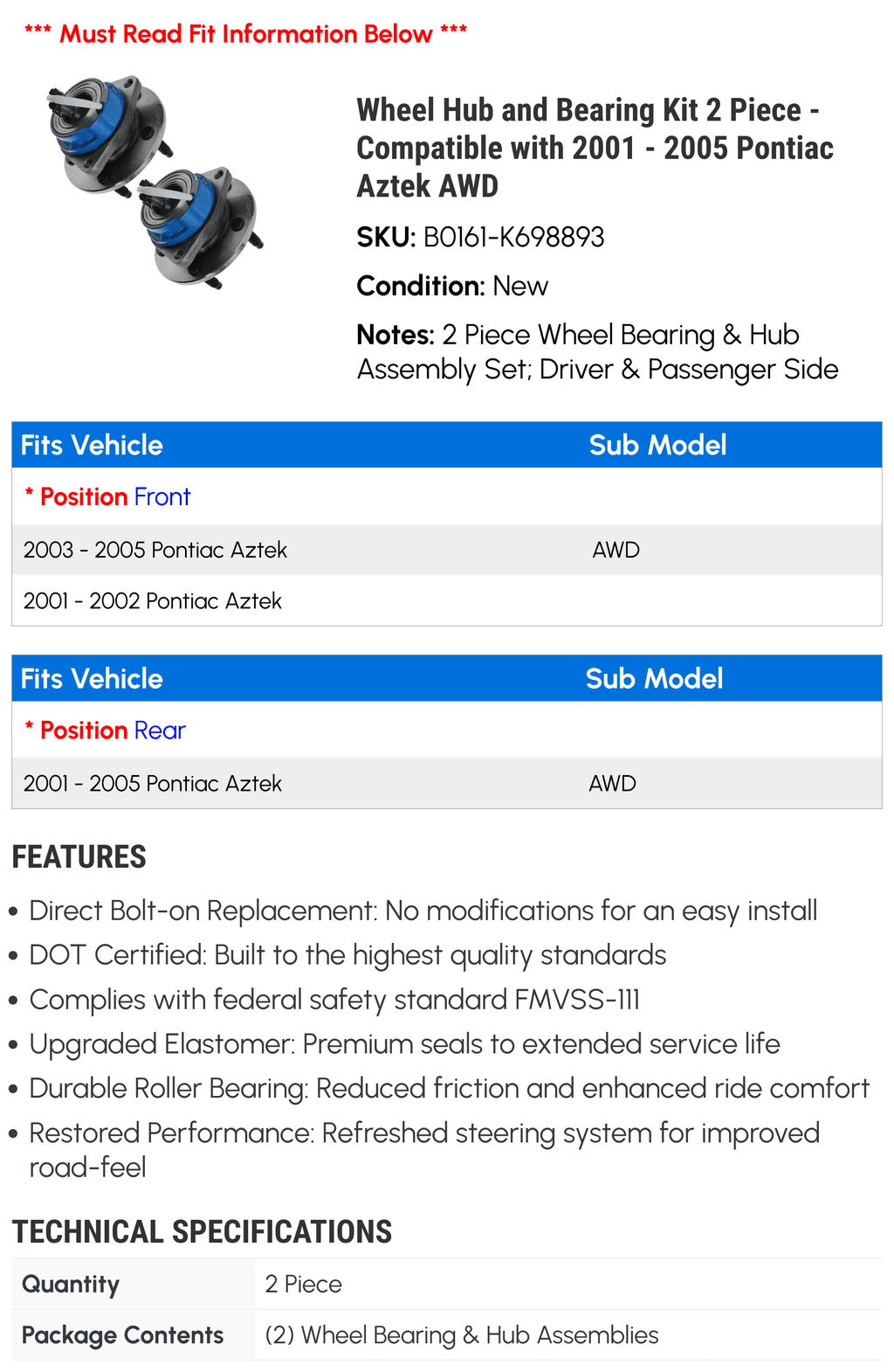 Wheel Hub and Bearing Kit 2 Piece P906