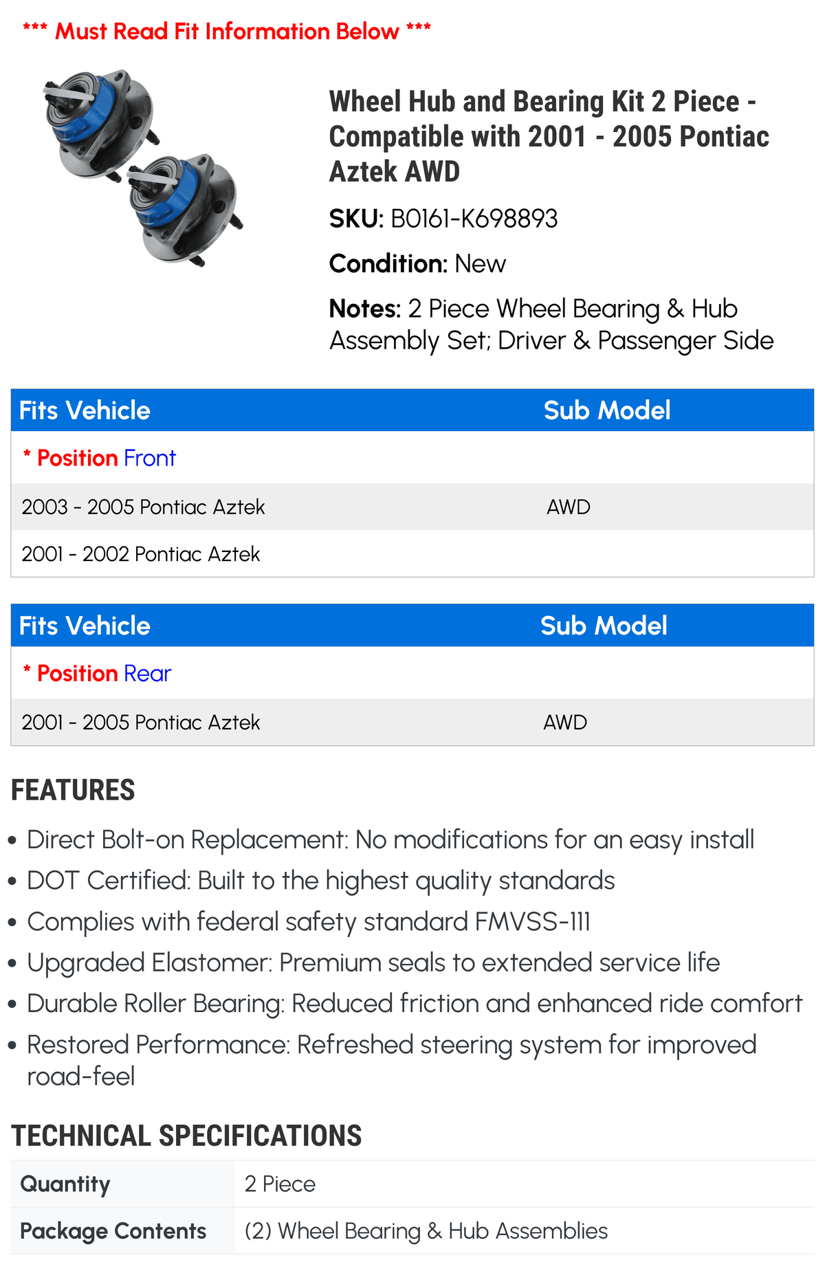 Wheel Hub and Bearing Kit 2 Piece P906