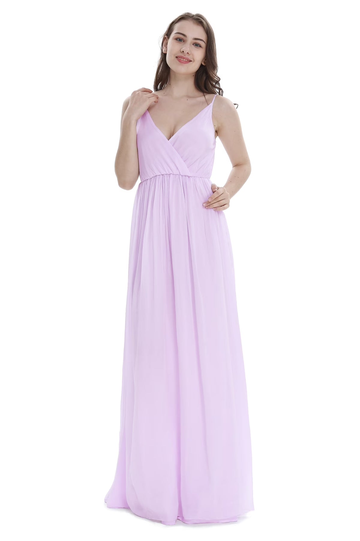 V Neck Spaghetti Strap Floor Length Bridesmaid Dress Q8678