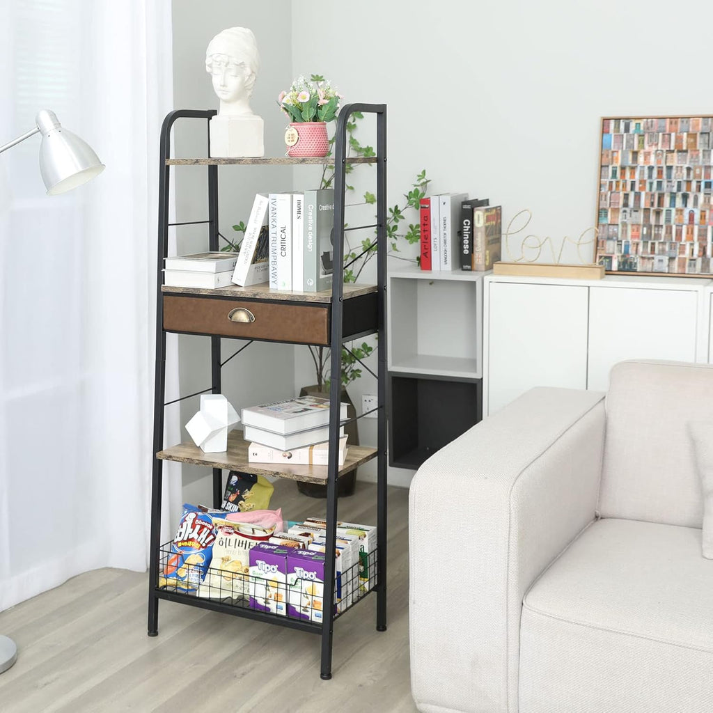 4 Tier Ladder Shelf with Drawer, Iron Frame Bookshelf J3167