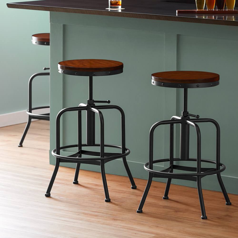 Black Adjustable Height Barstool with Antique Walnut Seat E5883