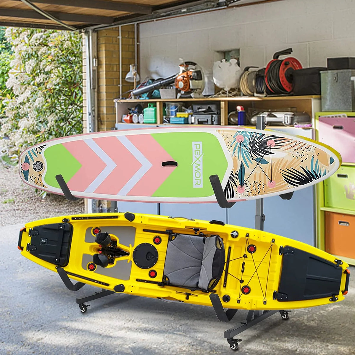 Freestanding Kayak Storage Rack with Lockable Wheels Wide Adjustable Y5385