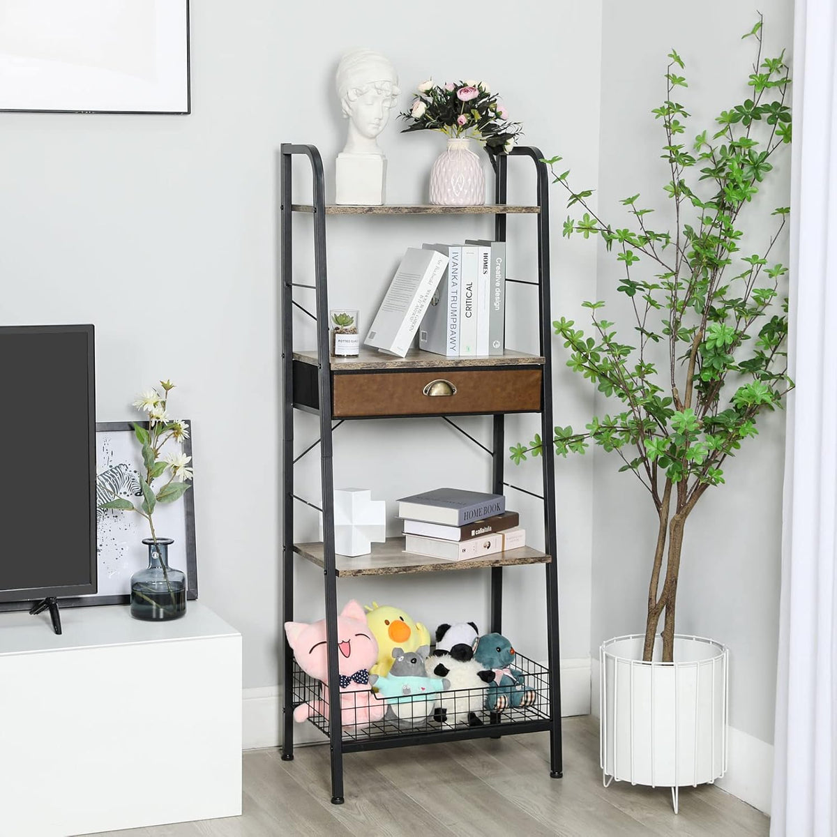 4 Tier Ladder Shelf with Drawer, Iron Frame Bookshelf J3167
