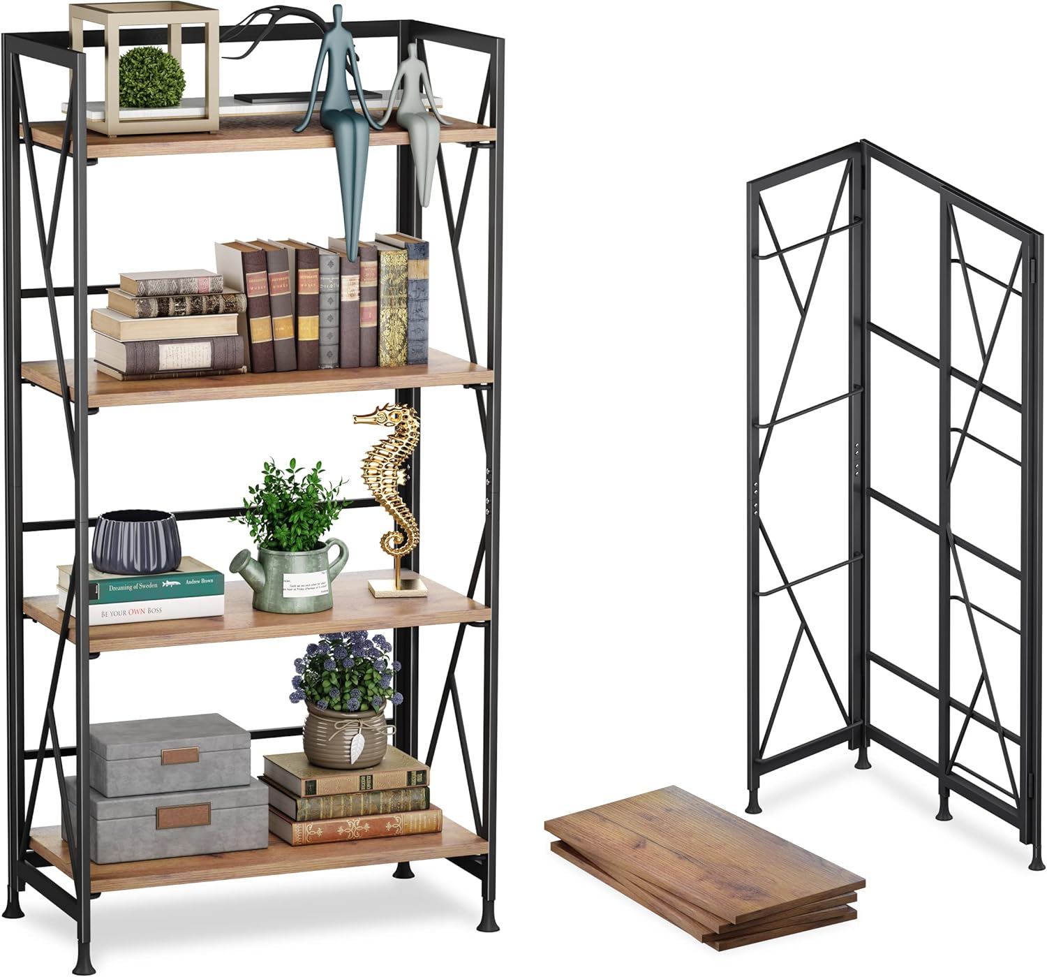 Folding Bookshelf 4 Tier Wooden Bookcase with Metal Frames No Assembly Storage Shelves Stand Book Rack Organizer Brown L1775