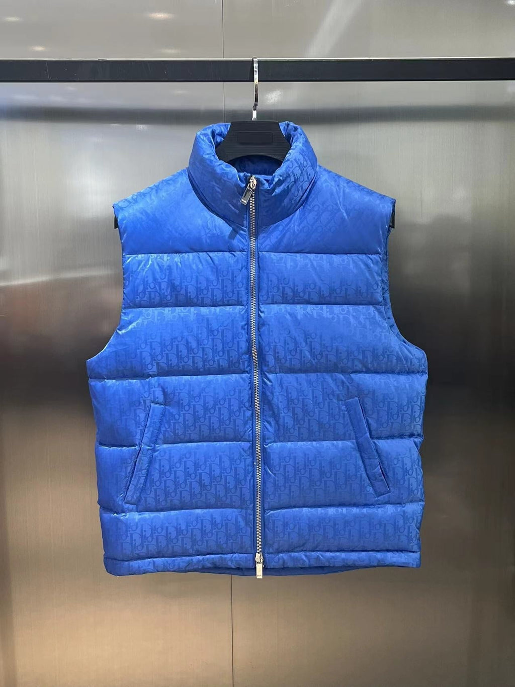 Dior Puffer Vest in Royal Blue with Stand Collar and Tonal Monogram