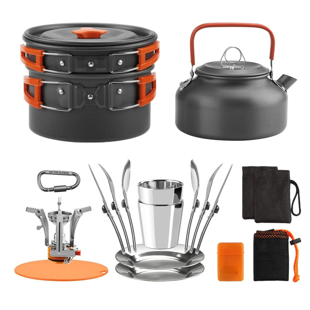 Camping Cookware Mess Kit Pot Pan Kettle Cooking Set Tableware with Spoon Fork Cutter F265