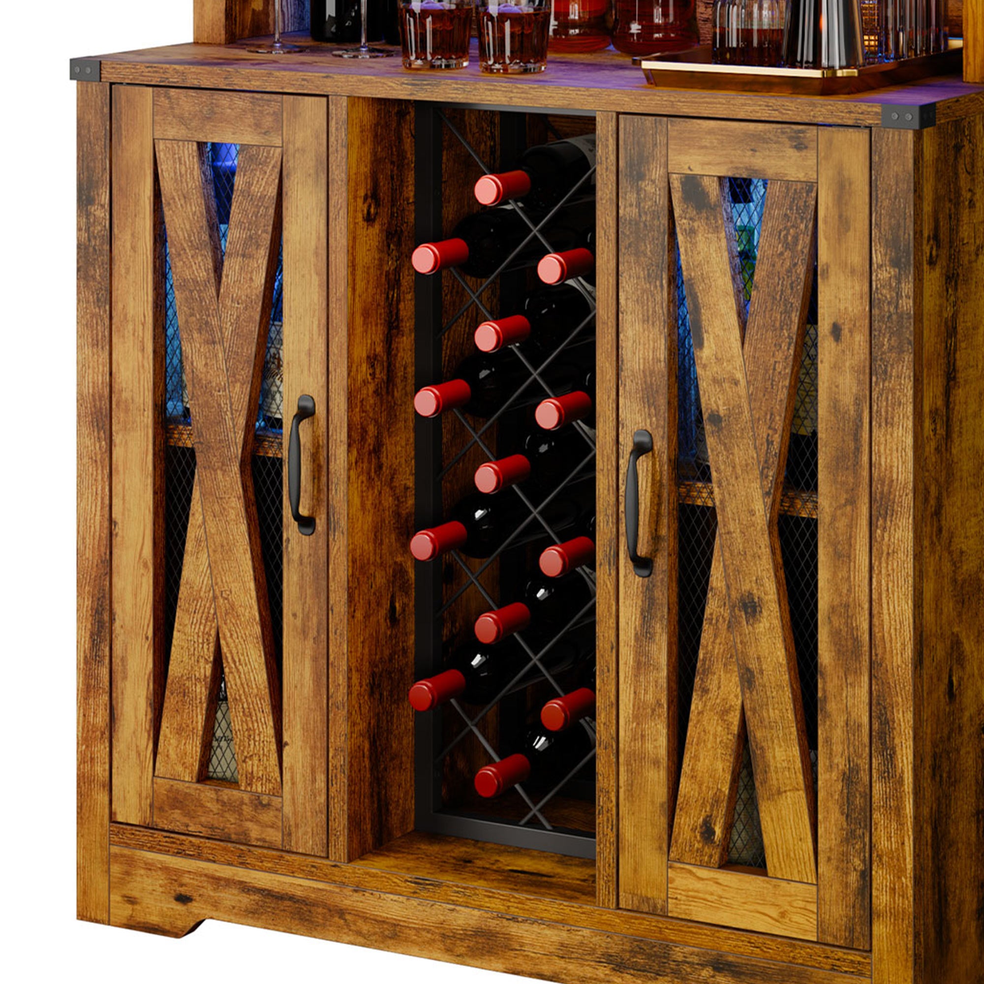 Rustic Oak Bar Storage Cabinet with LED Light Door F809624