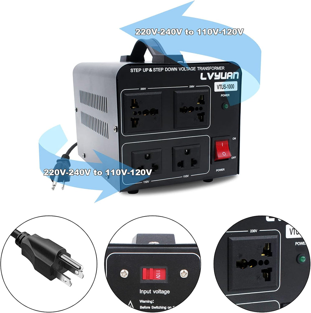 Voltage Transformer Converter 1000 Watt Step Up/Down 110-120 Volt to 220-240 Volt with 2 US outlets, 2 Universal outlets, Circuit Breaker Pack of 2 I663434