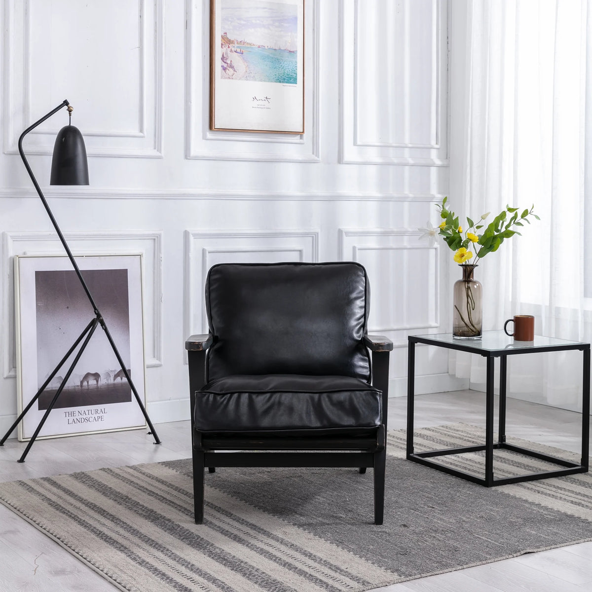 Solid Wood Black PU Leather Accent Arm Chair Q551594