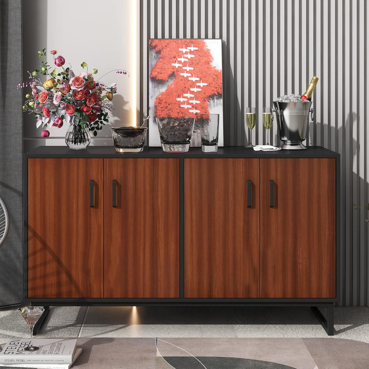 Navy Blue Wood Accent Buffet Sideboard with Doors and Adjustable Shelf B28622