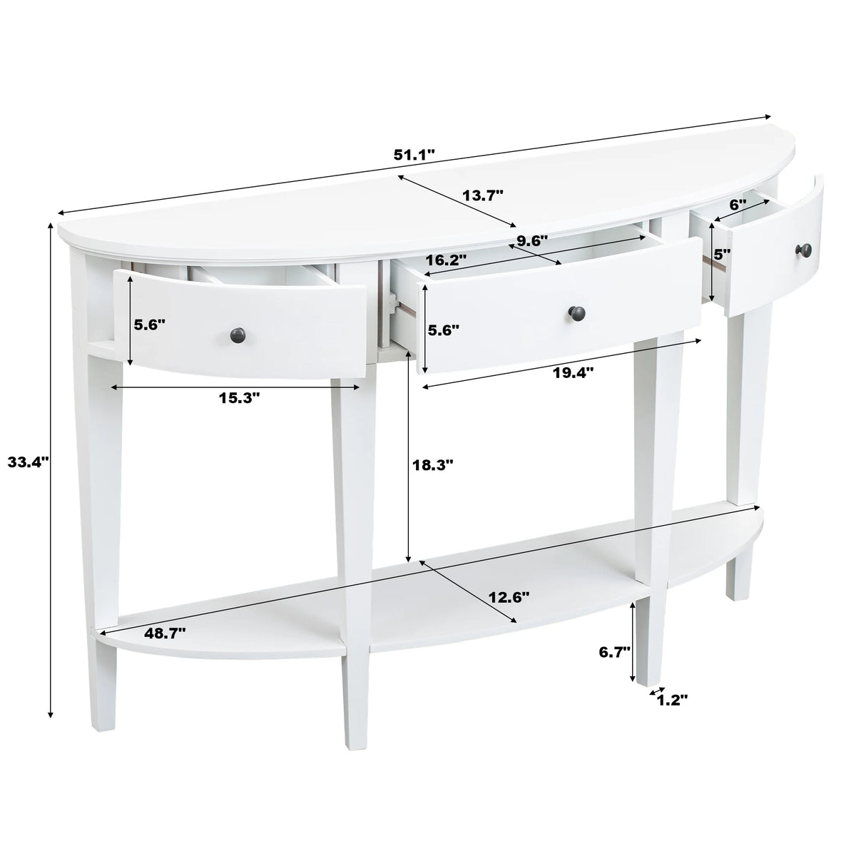 White Curved Console Table with 3 Drawers and Bottom Shelf M718455