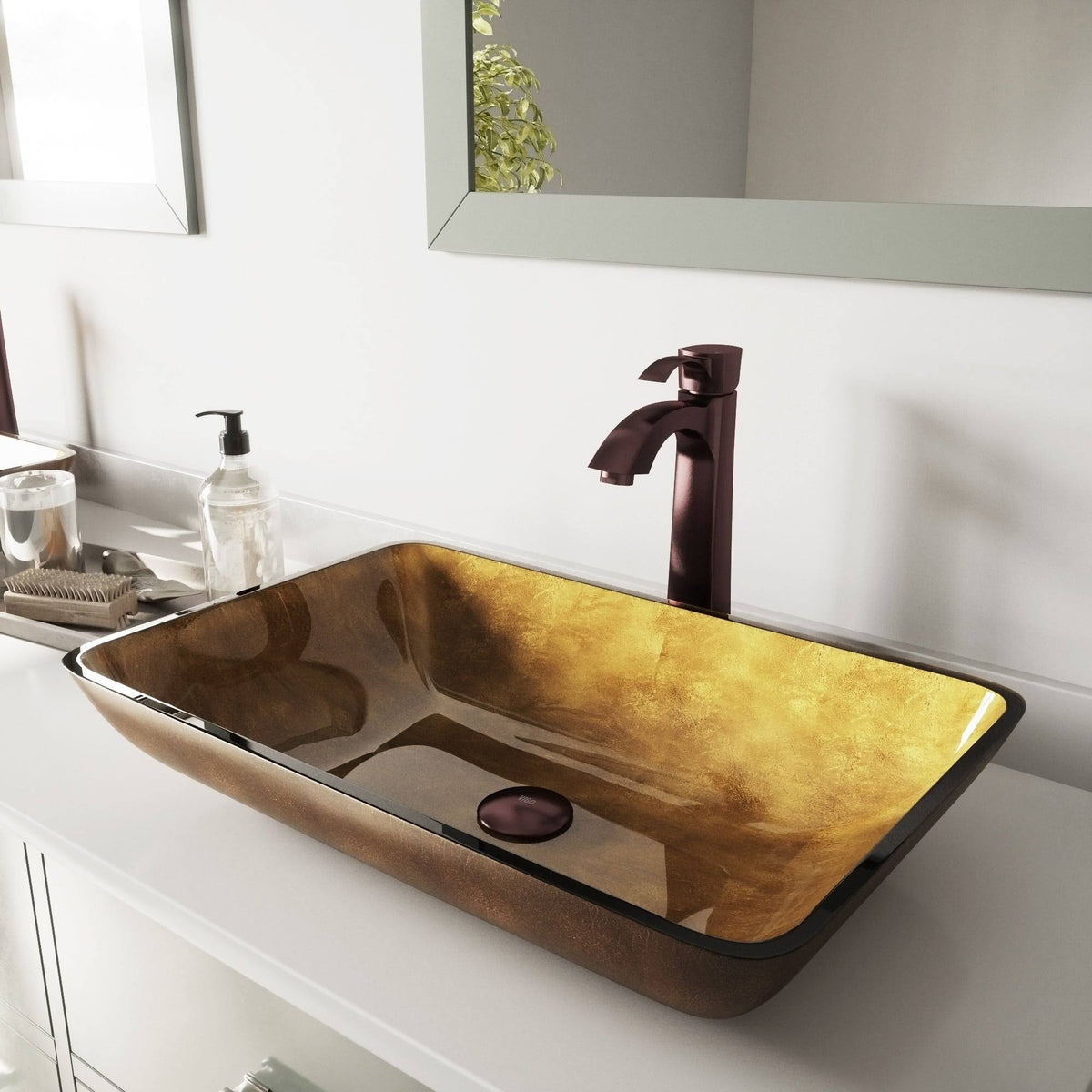 Bronze Rectangular Vessel Bathroom Sink with Faucet L64832