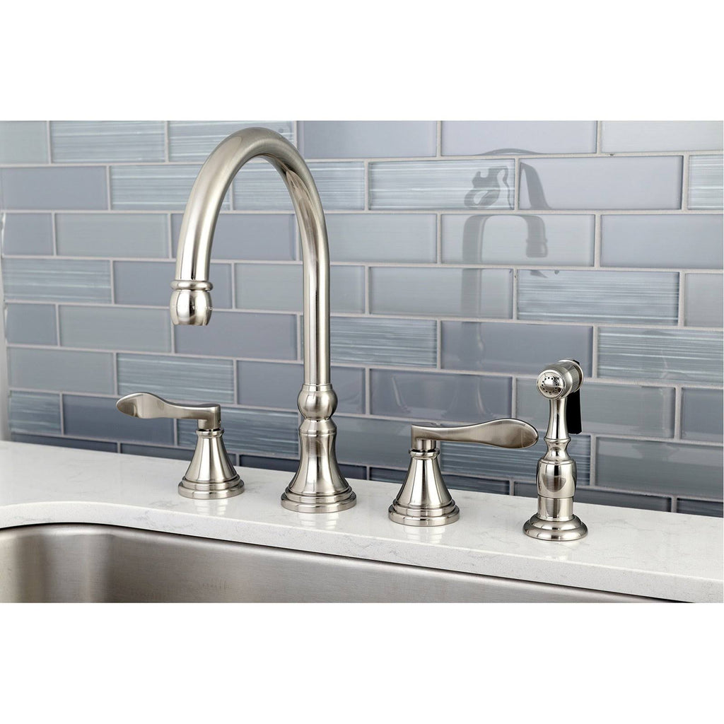 Double Handle Deck Mount Kitchen Faucet with Brass Sprayer, Satin Nickel M22927