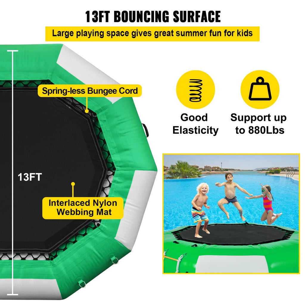 13ft Inflatable Water Bouncer, Green Water Trampoline Swim Platform C708297