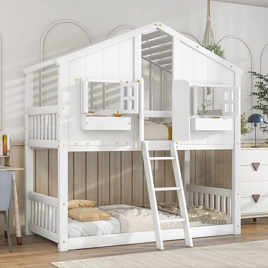 White Wood Frame Kids Bed with Roof and Safety Guardrails F778