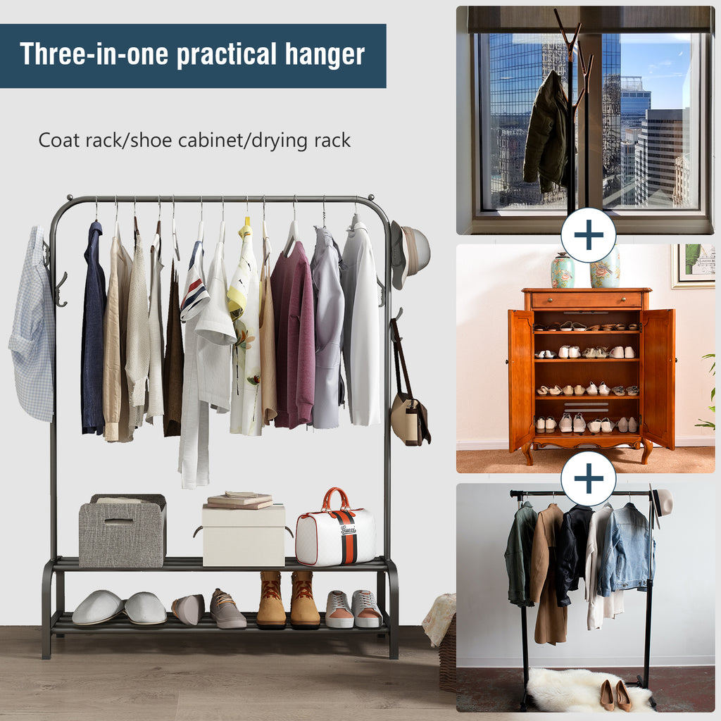 Black Freestanding Garment Rack with 6 Hangers 2 Shelves L604287