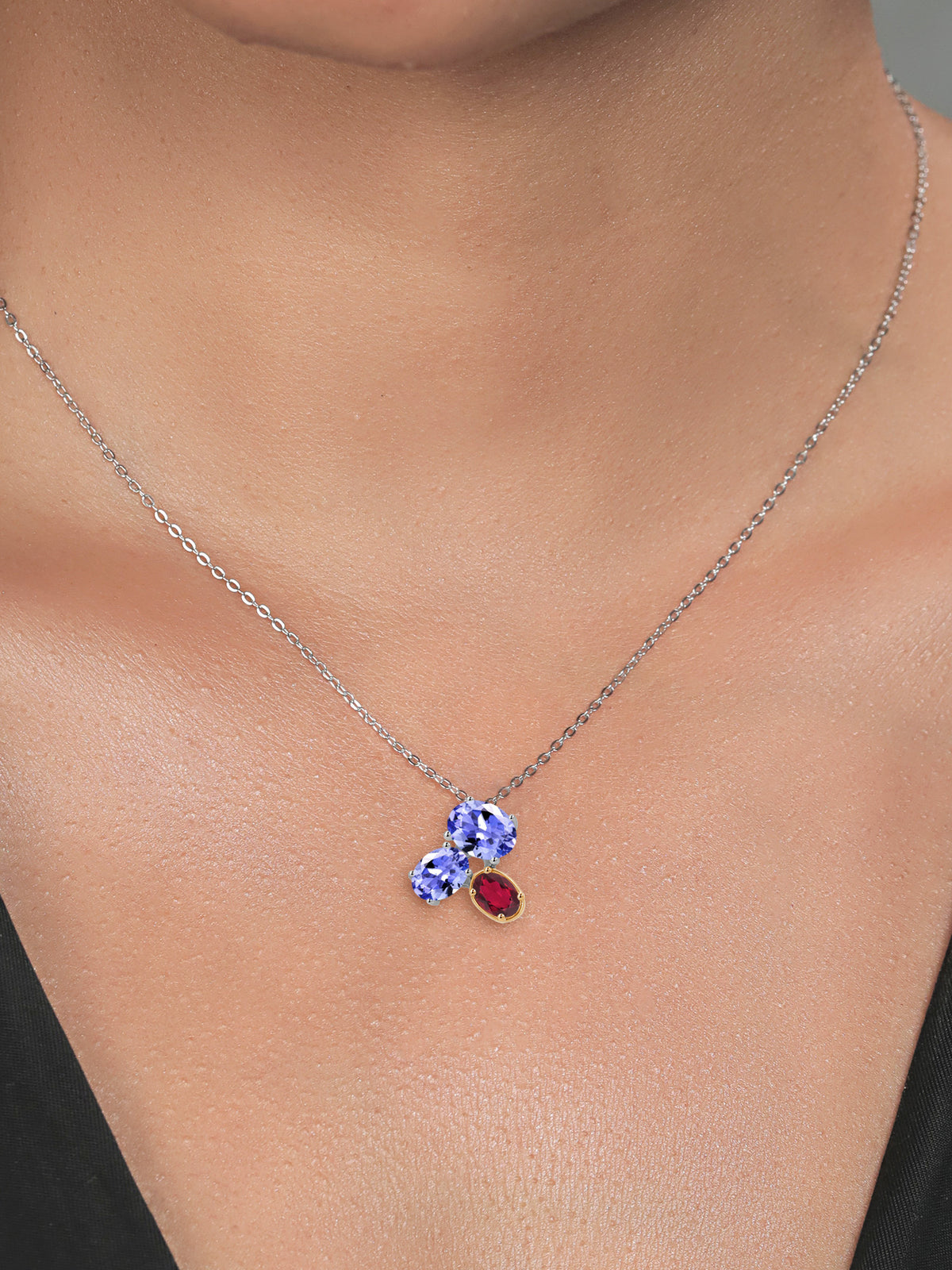 925 Silver 10K Yellow Gold Blue Tanzanite Ruby Red Mystic Topaz Pendant Necklace with 18 inch Chain N2930