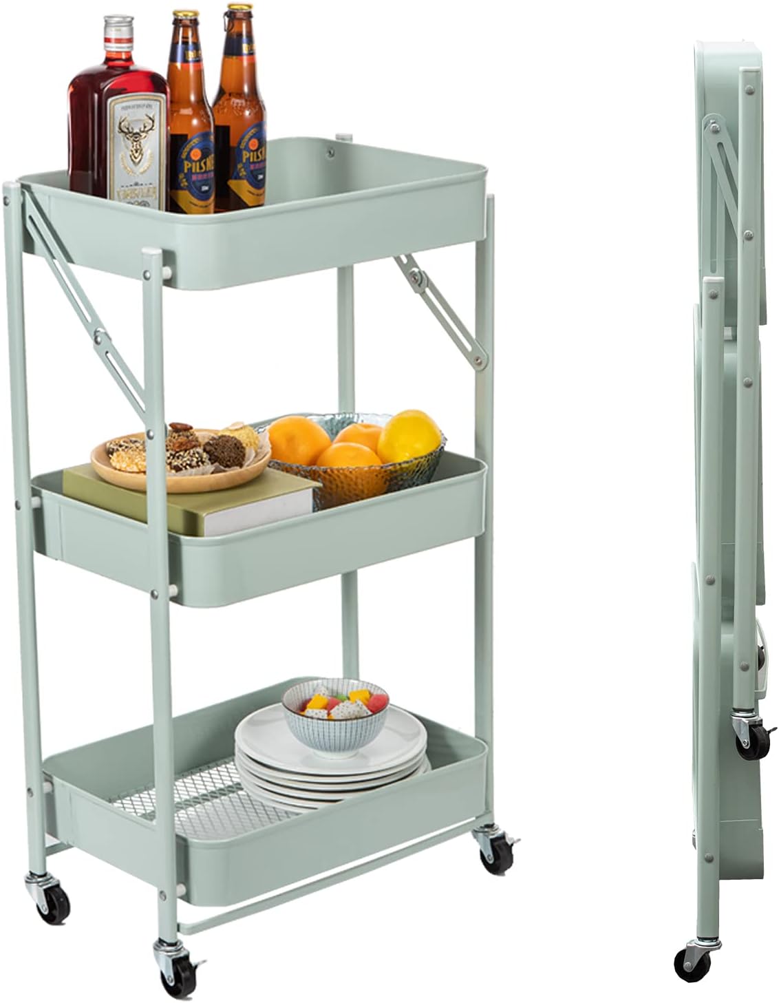 3 Tier Foldable Metal Rolling Cart with Wheels (Pink) A4488