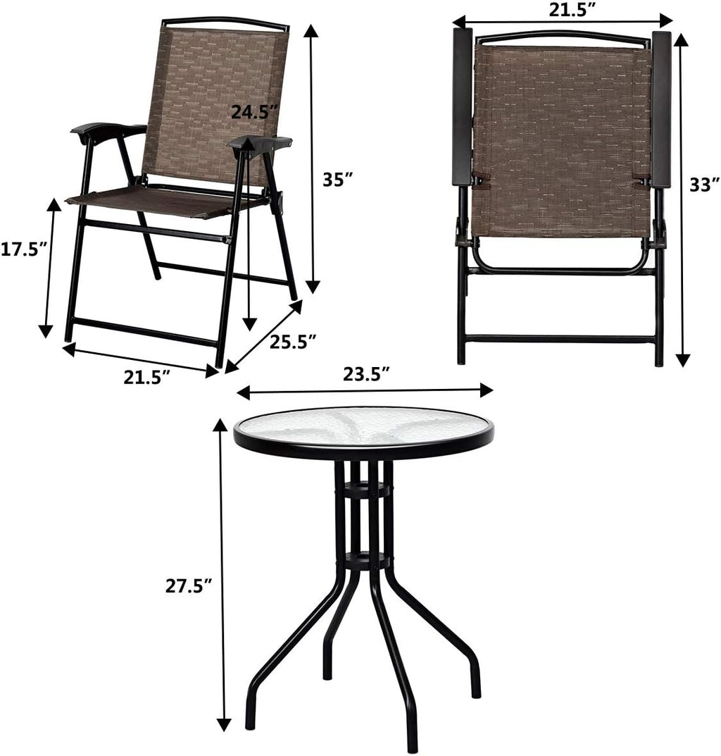 3-Piece Patio Bistro Set with Tempered Glass Table and 2 Foldable Chairs N24310