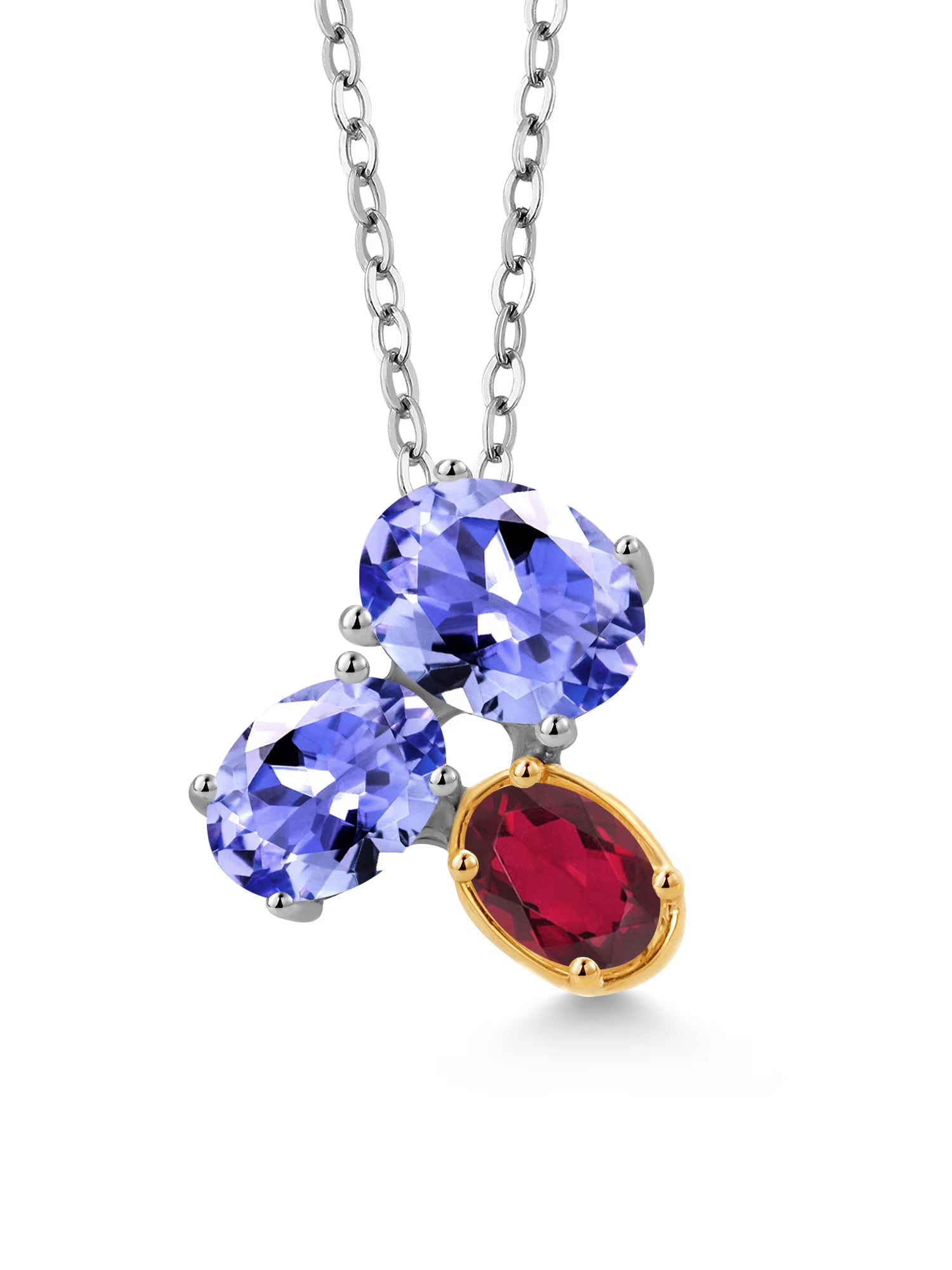 925 Silver 10K Yellow Gold Blue Tanzanite Ruby Red Mystic Topaz Pendant Necklace with 18 inch Chain N2930