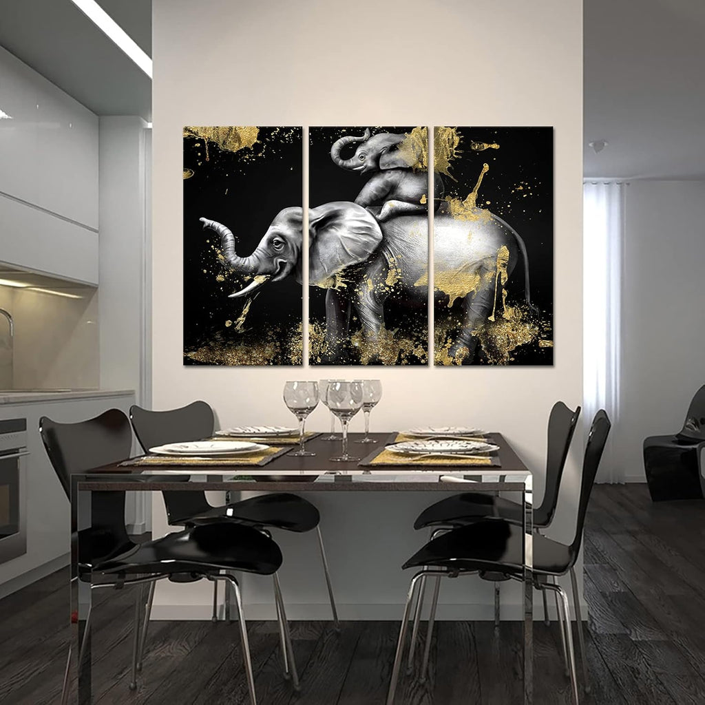 Black and Gold Elephant Canvas Art Set of 3 Framed Ready to Hang I397125