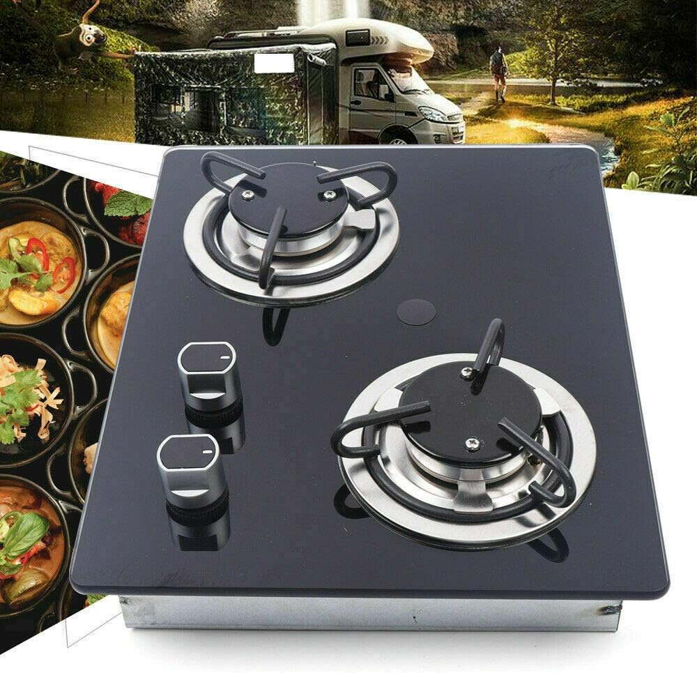 2 Burners Built-in LPG RV Cooktop Gas Hob with 8mm Black Tempered Glass Panel Y930738