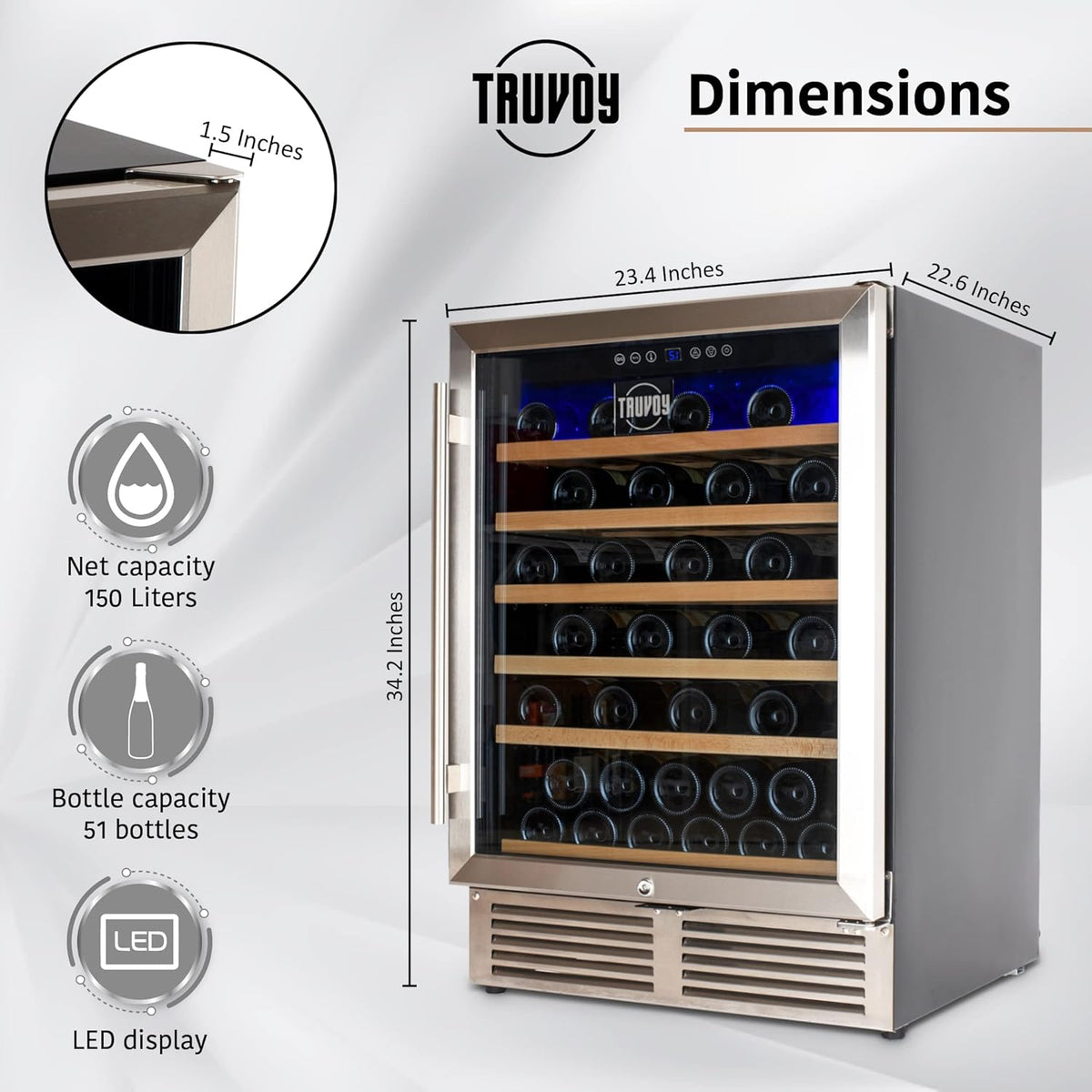 Wine Cooler Refrigerator with Reversible Low UV Glass Door, Touch Thermostat Control with LED Display, Lock, 150L Storage R258363