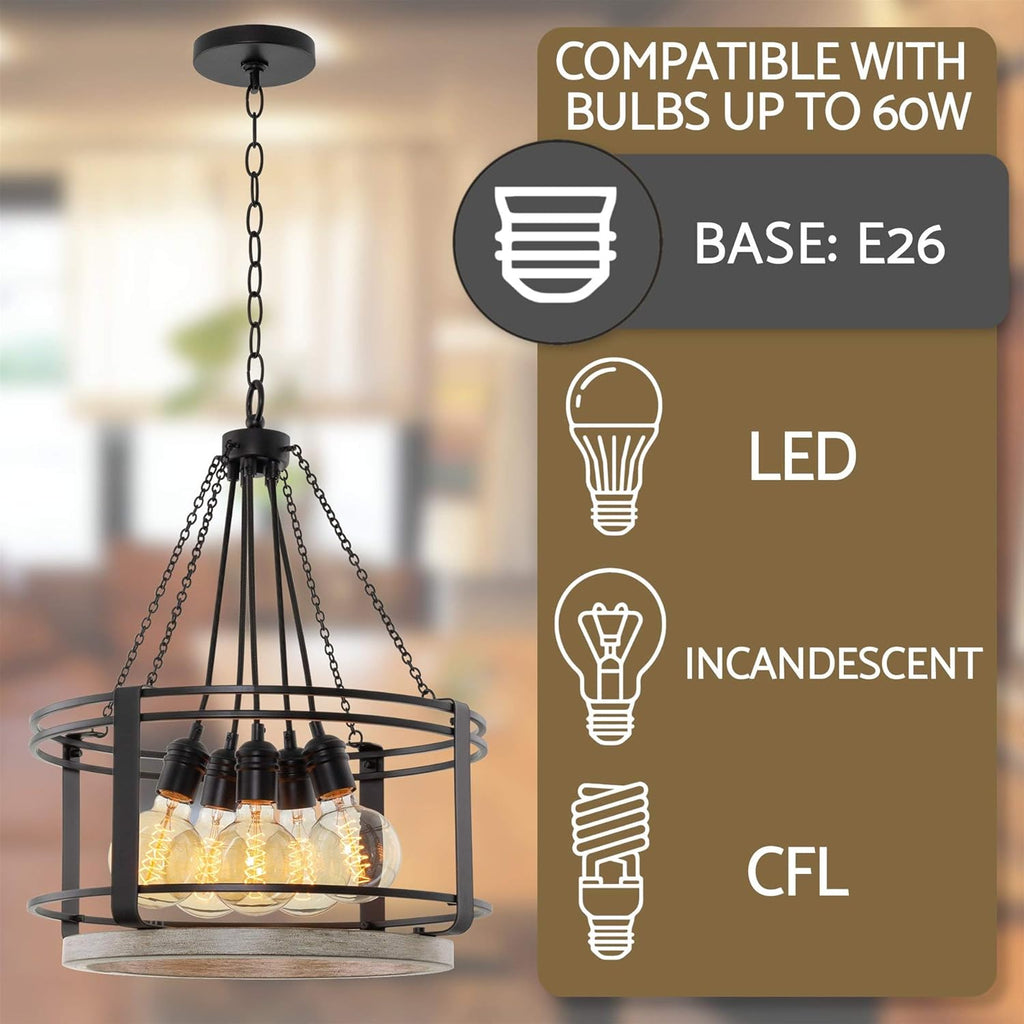 18 5-Light Farmhouse Chandelier, Light Cedar Wood Style Black Finish I594029