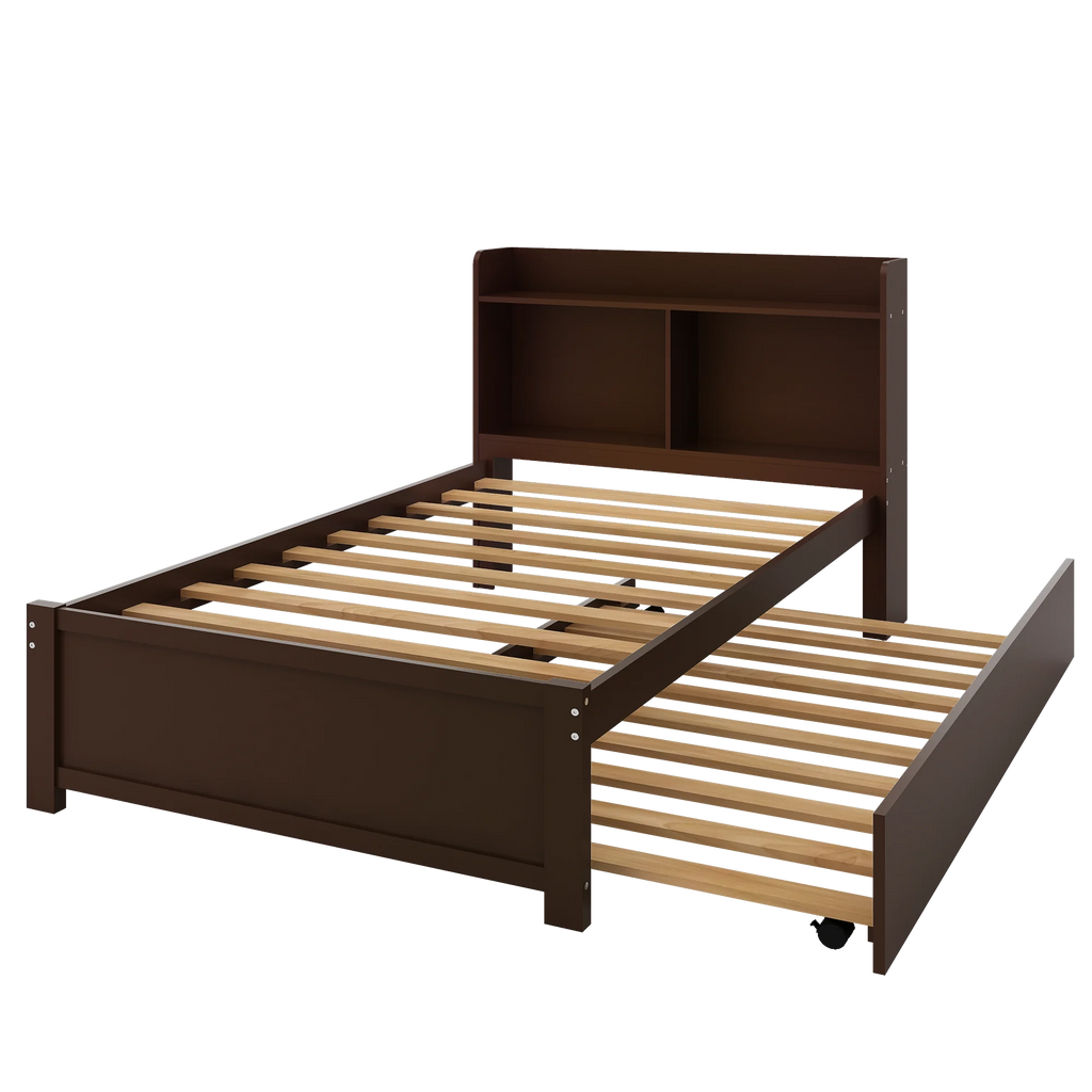 Twin Bed Frame with Trundle and Storage Bookcase, Solid Wood, Espresso Y4333