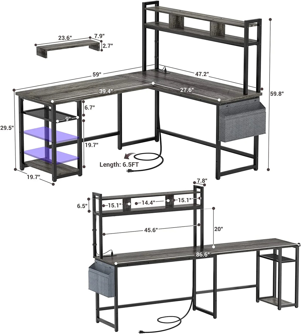 Grey Oak L Shaped Desk with Power Outlet & LED Strip L918