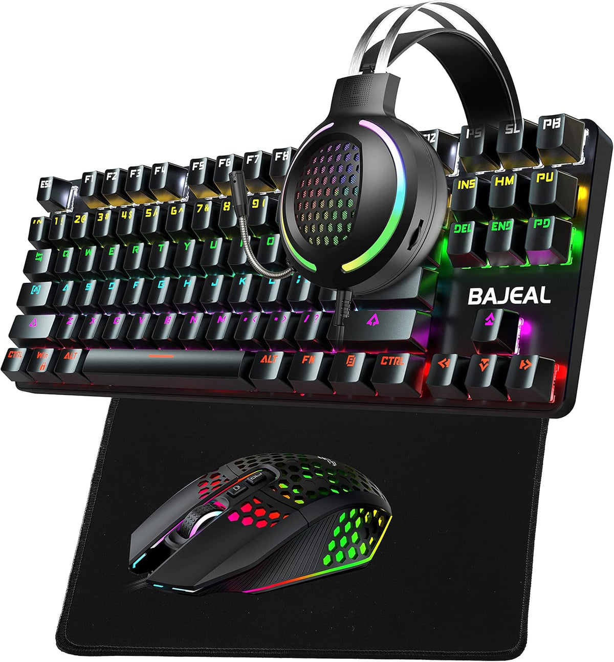 4 in 1 Gaming Keyboard Mouse Headset Mousepad Combo, Wired RGB, Black V43495