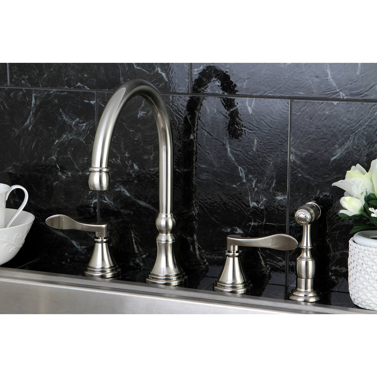 Double Handle Deck Mount Kitchen Faucet with Brass Sprayer, Satin Nickel M22927
