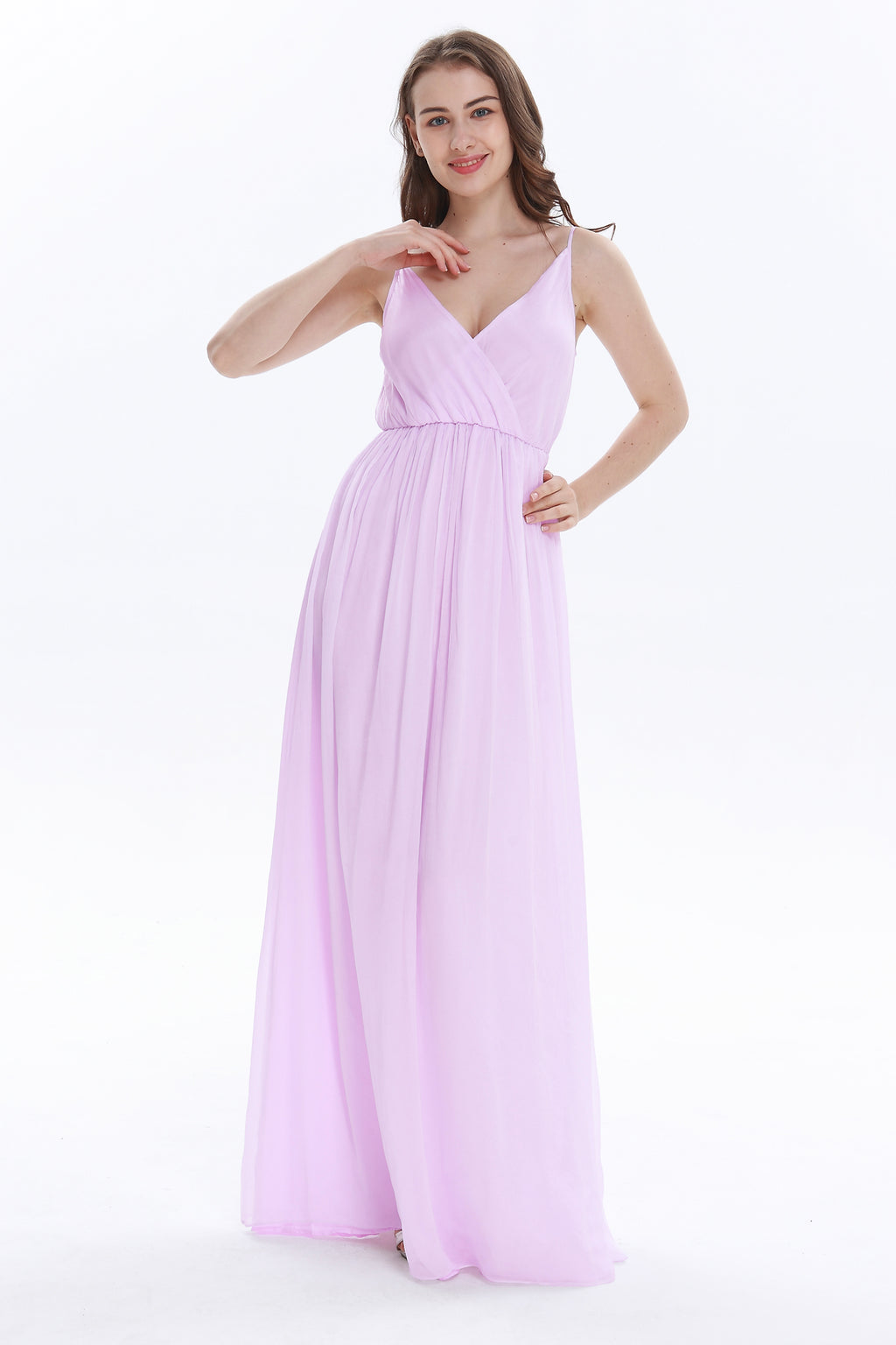 V Neck Spaghetti Strap Floor Length Bridesmaid Dress Q8678